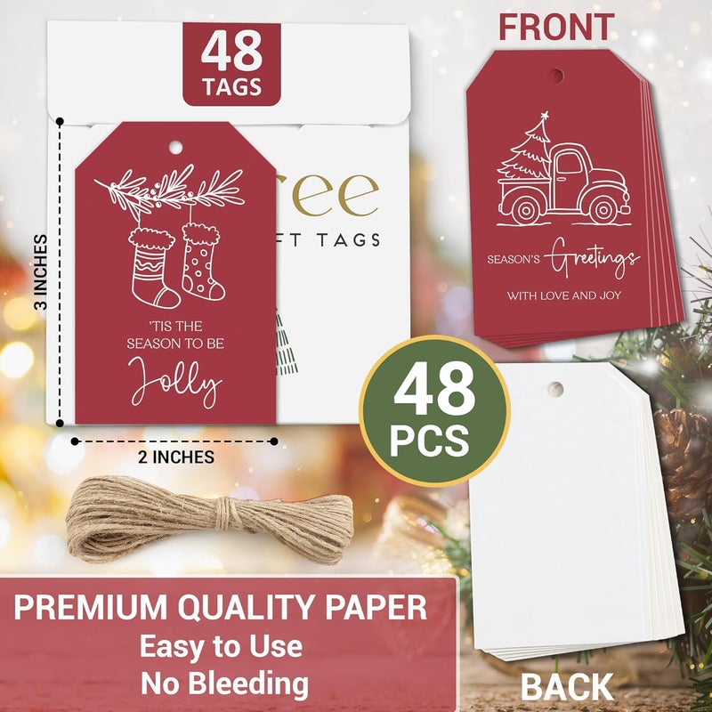 AUDREE 48 Pcs Christmas Gift Tags with String - Funny Holiday Gift Tags for Xmas Presents - Christmas Name Tags for Gifts - Hanging Labels Decoration Xmas Winter Holiday Present DIY Crafts - Image 2